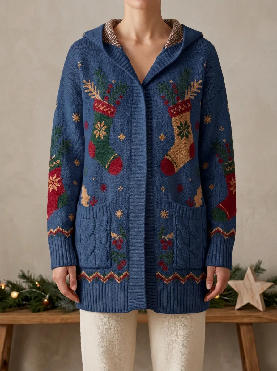 Christmas Stocking Pine Branch Pattern Knit Hooded Cardigan