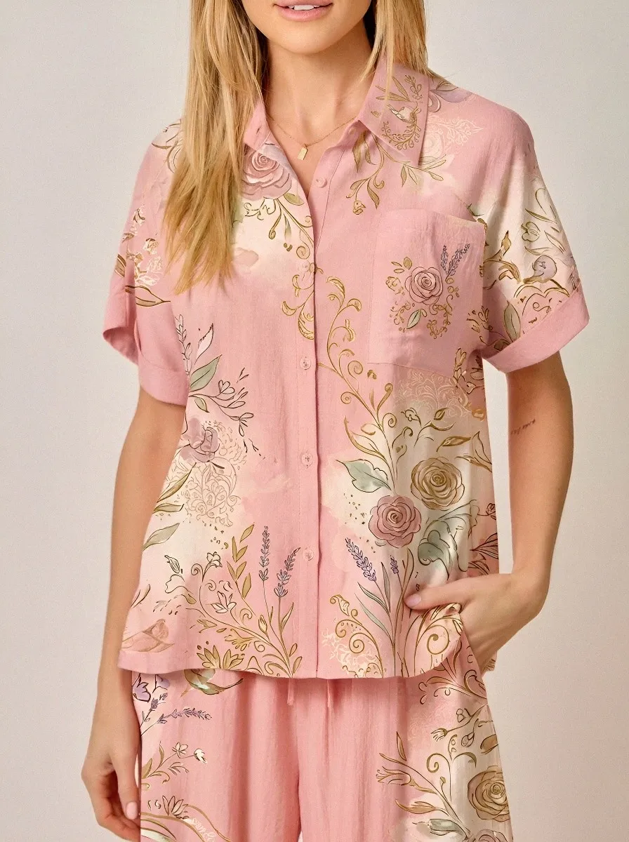 Women's Floral Botanical Peach Printed Button-up Shirt