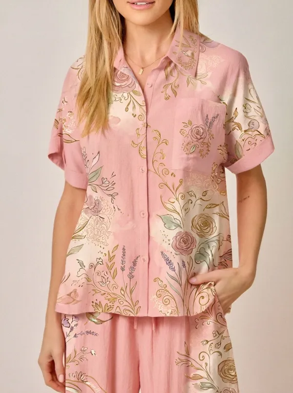 Women's Floral Botanical Peach Printed Button-up Shirt