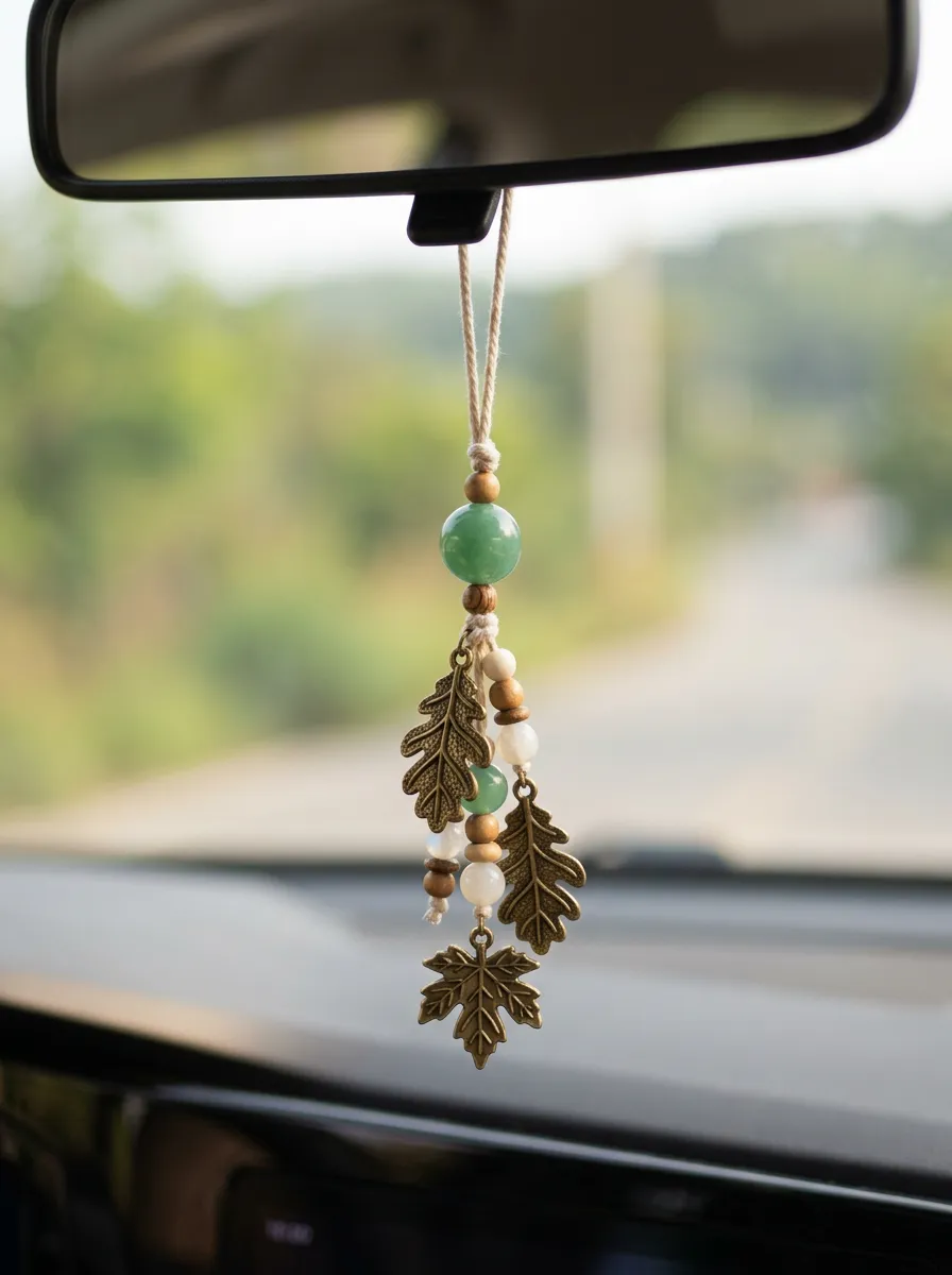 Beaded Leaf Rearview Mirror Hanging Ornament