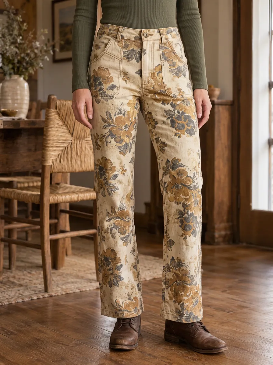 Women's Vintage Floral Botanical Printed Straight Leg Pants