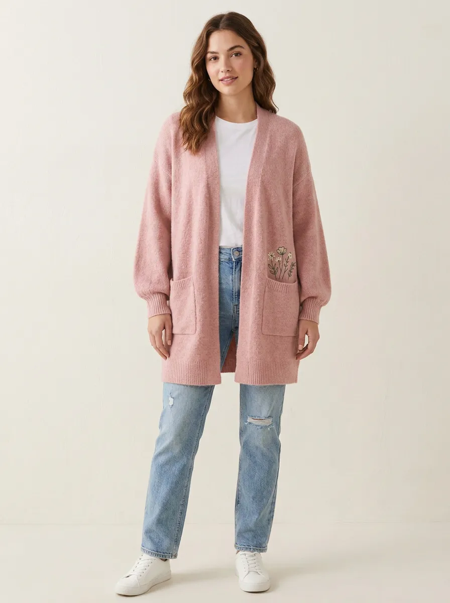 Pink Modern Floral Embroidered Open-Front Cardigan