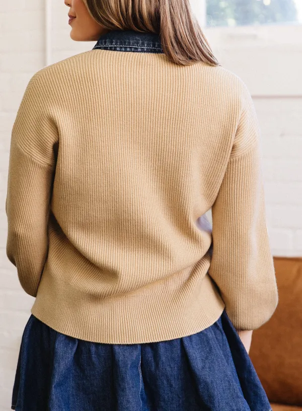 Shirt-Collar Long-Sleeve Drop-Shoulder Knit Cardigan