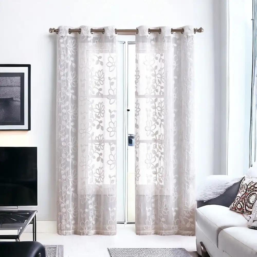 Relaxed Semi-Sheer Polyester Floral Embroidered Curtain Panel Pair