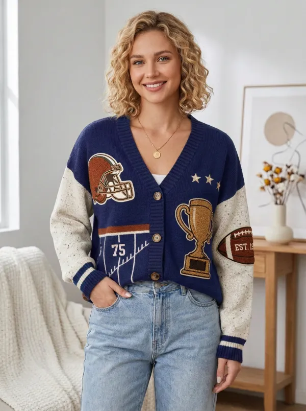 Women's Classic Modern Helmet Football Trophy Knitted Cardigan