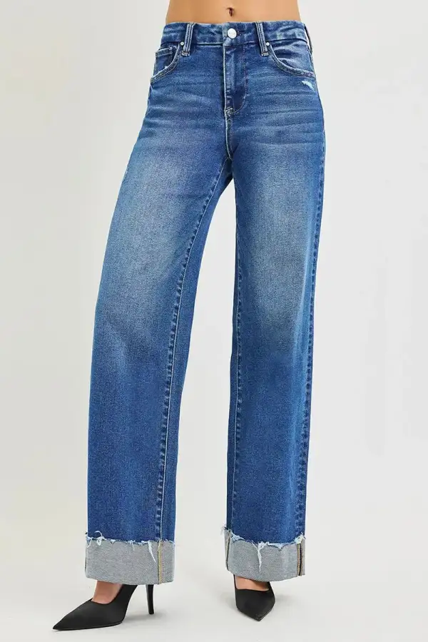 High Rise Wide Leg Cuffed Pocketed Denim Jeans