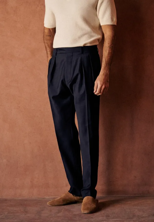 Navy Pleated High Waist Straight Leg Trousers