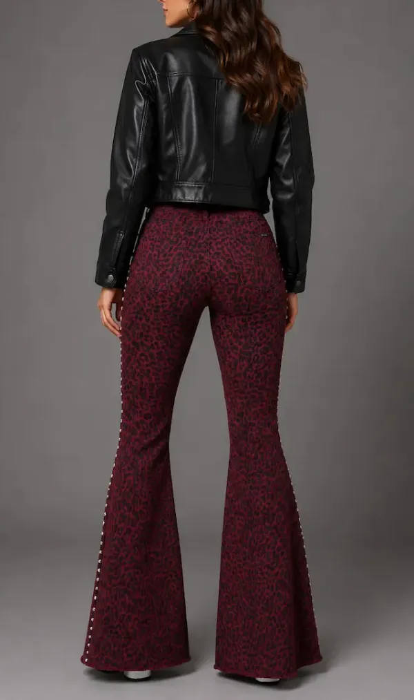 Studded Detail Leopard Print Bell Bottom Frayed Hem Everyday Denim Jeans