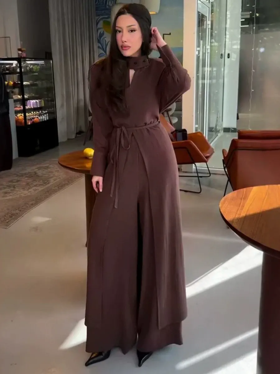 Imogen Long-Sleeve Tie-Front Top and High-Waisted Wide-Leg Pants Set