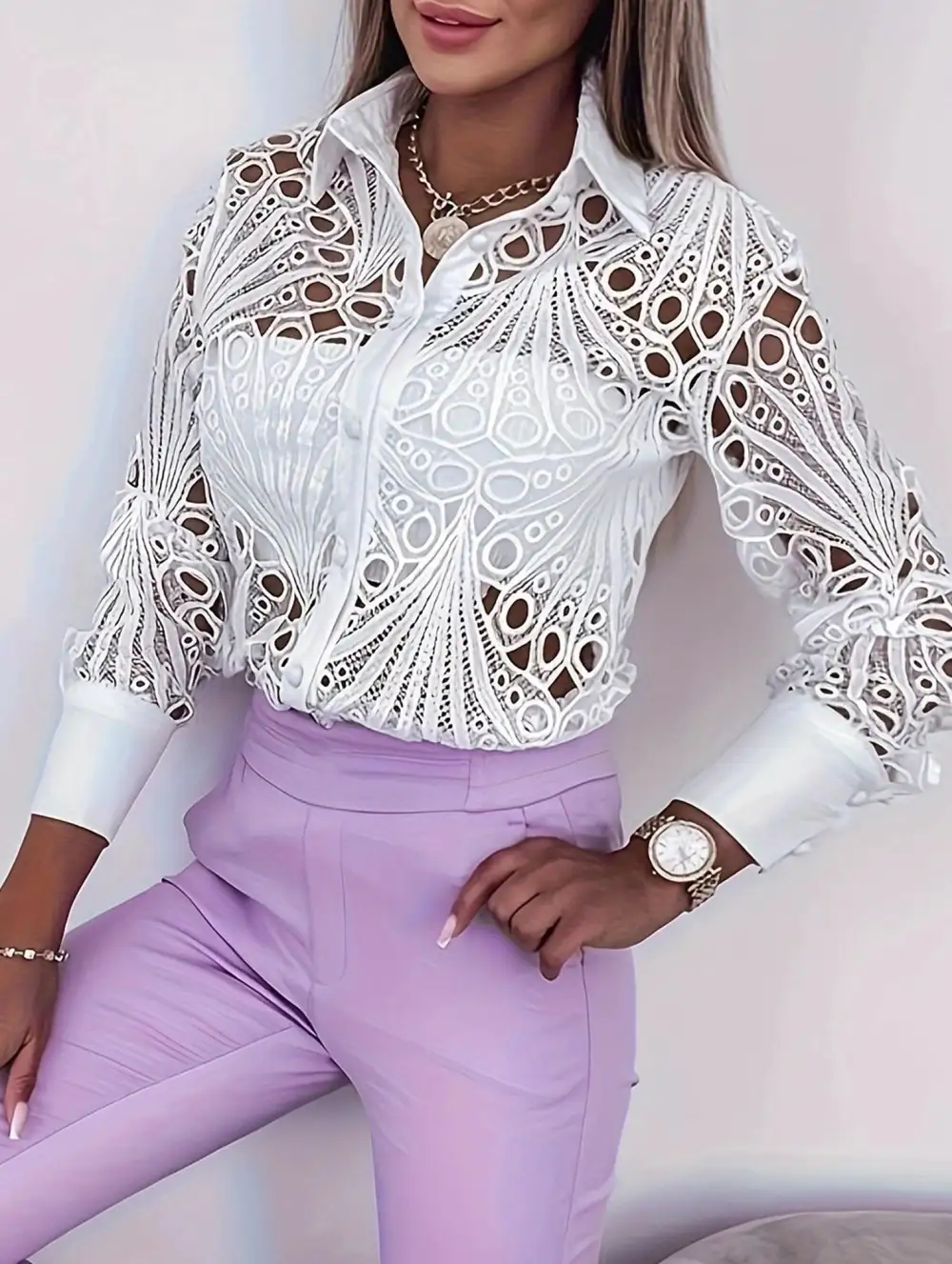 Lace Openwork Long Sleeve Blouse