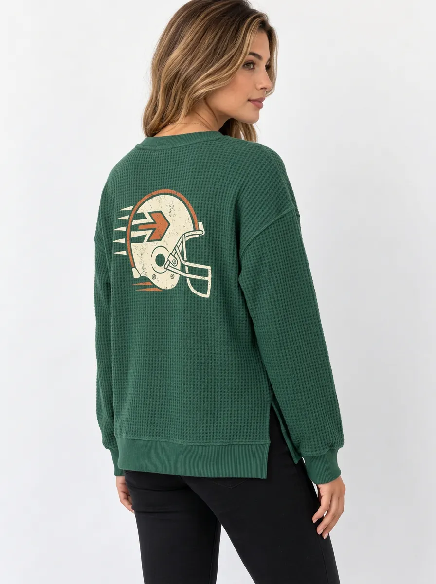 Women's Vintage Helmet Graphic Dropped-Shoulder Side-Slit Waffle-Knit Crewneck Sweatshirt