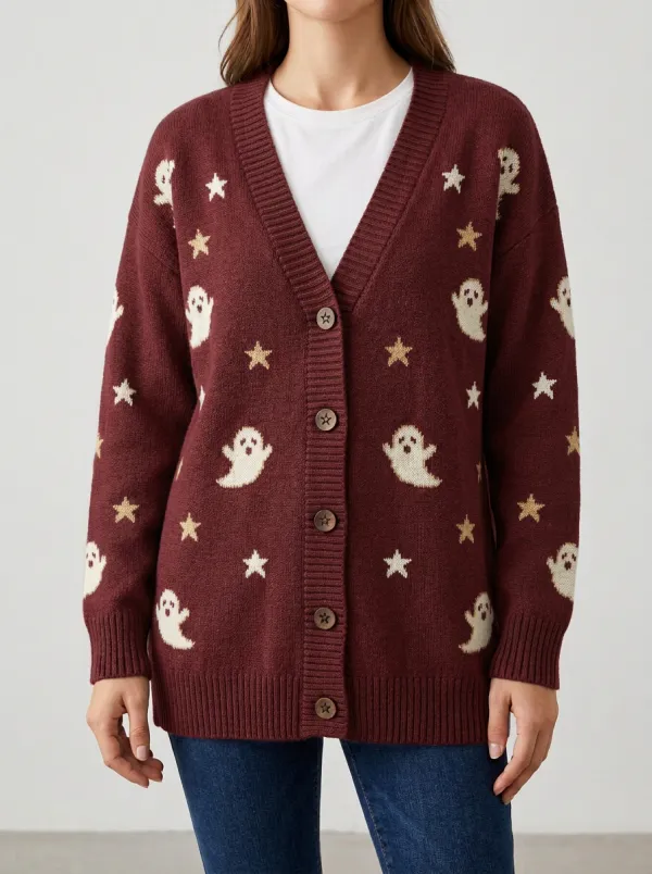 Women's Halloween Ghost Star Pattern Knitted Cardigan