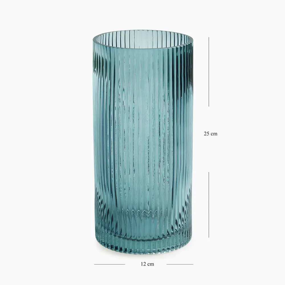 Teal Ribbed Glass Vase