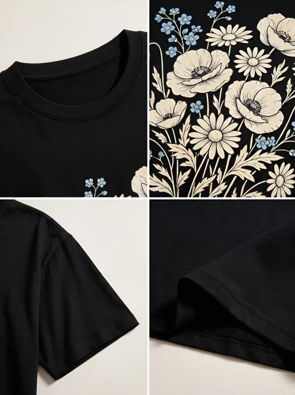 Women's Botanical Nature Lover Poppy Daisy Floral Printed T-shirt