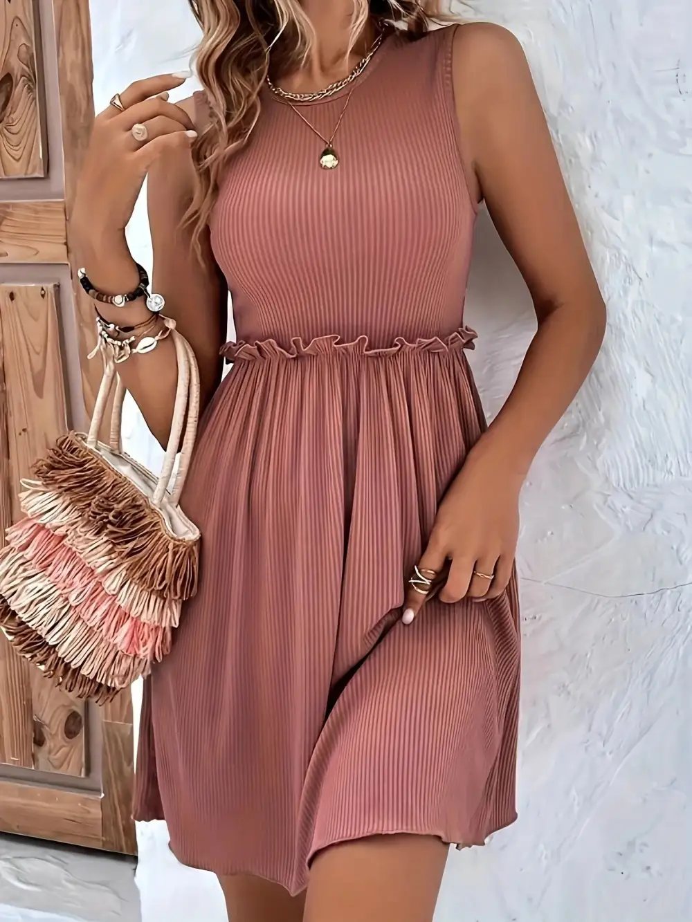 Ribbed Ruffle Sleeveless Mini Dress