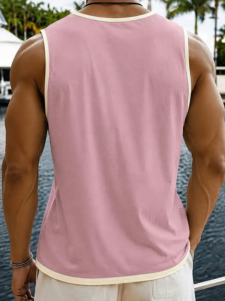 S Relaxed Contrast Trim Henley Sleeveless Tank Top