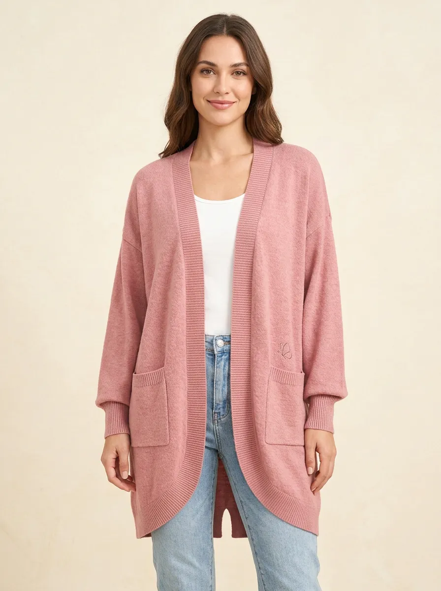 Pink Butterfly Embroidered Open-Front Cardigan