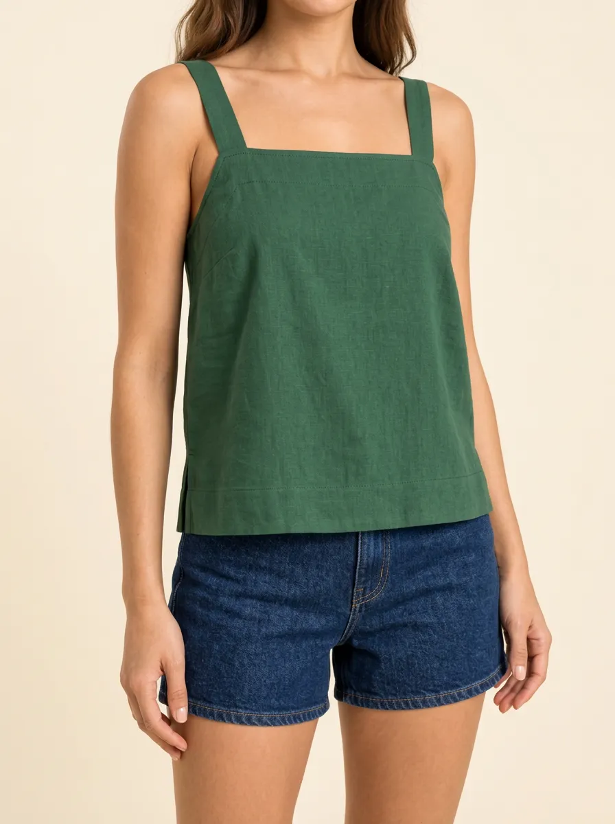 Women's Relaxed Square Neck Wide Strap Side Slit Straight Hem Camisole Top