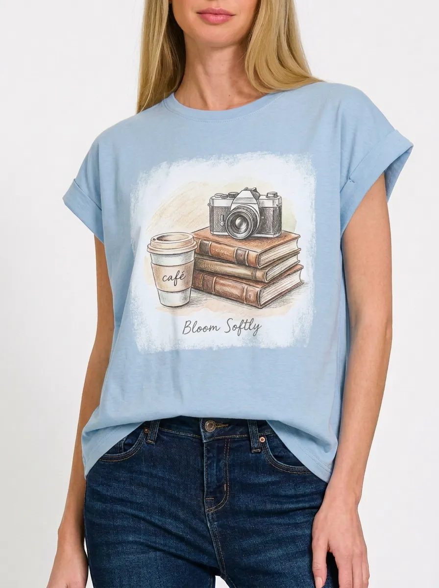 Women's Photography Coffee Book Lover Printed T-shirt