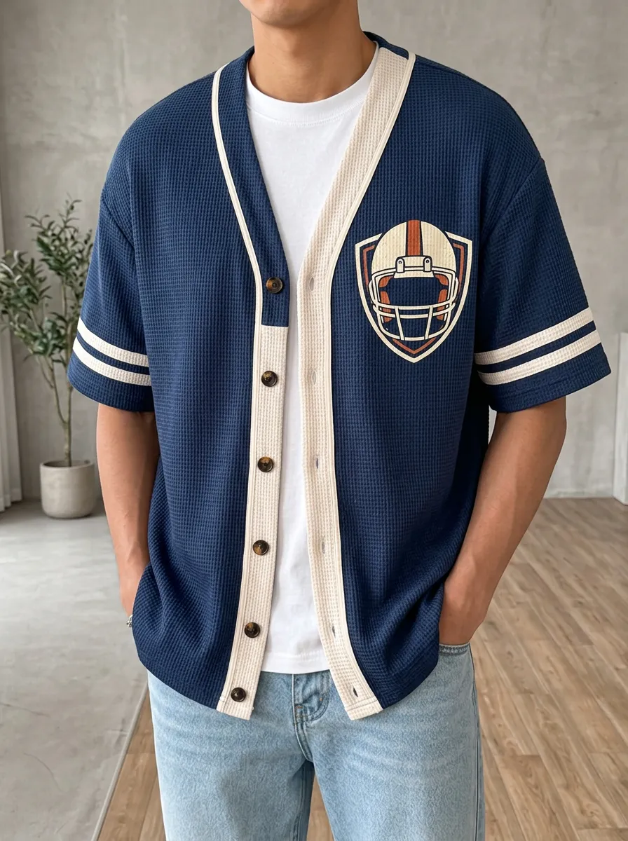 Men's Football Lover Helmet Printed Waffle Knit Cardigan