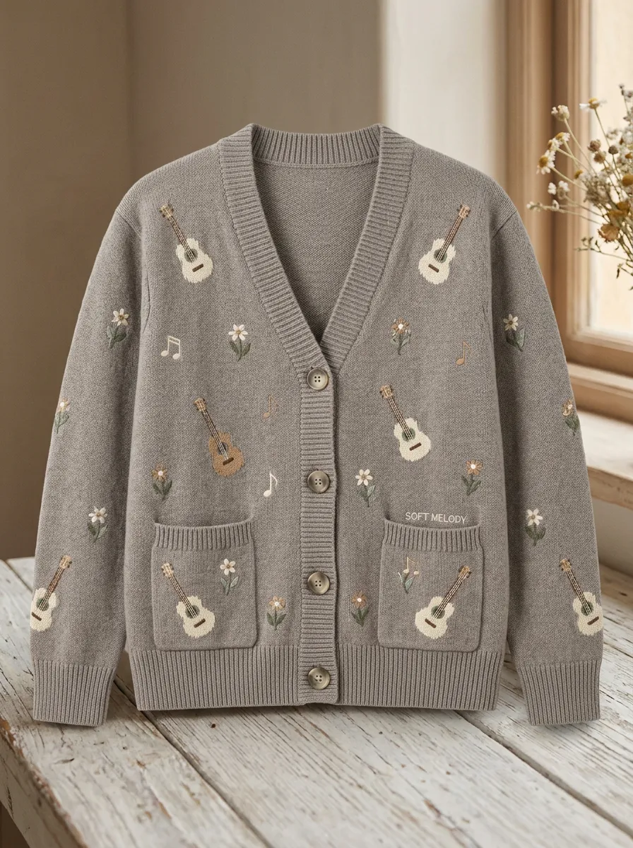 Rustic Guitar Floral Women's Country Music Knit Cardigan