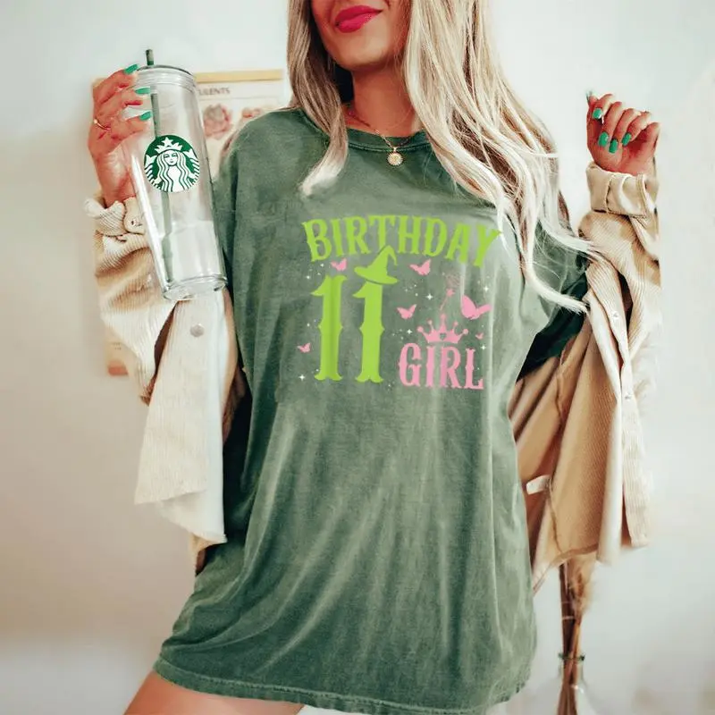 Green Pink Theme 11 Year Old Birthday Girl Witch Party Bday Women's Oversized Comfort T-Shirt
