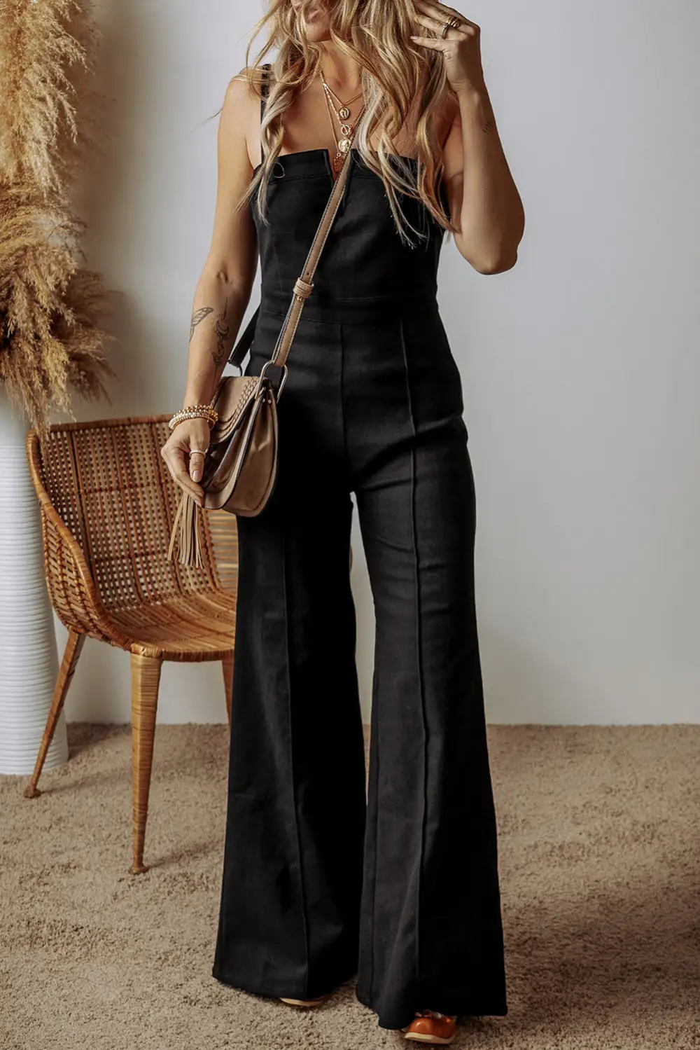 Spaghetti Straps Flare Denim Jumpsuit Accessory
