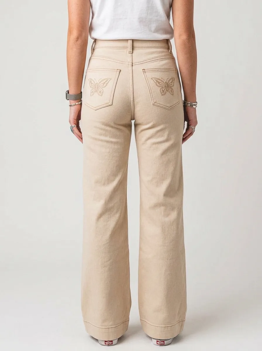 Women's Western Style Embroidered Beige Wide Leg Jeans