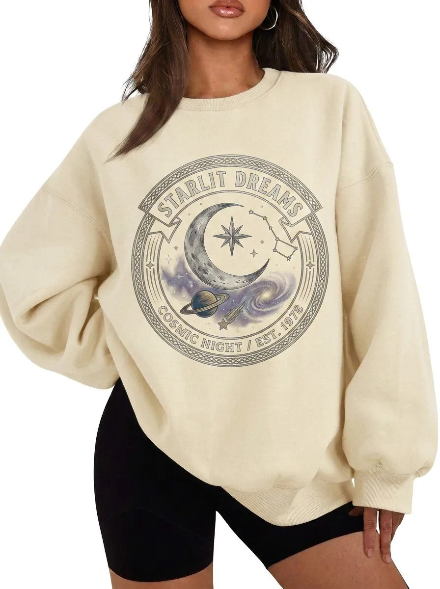 Women's Starlit Dreams Cosmic Night Moon Planet Printed T-shirt