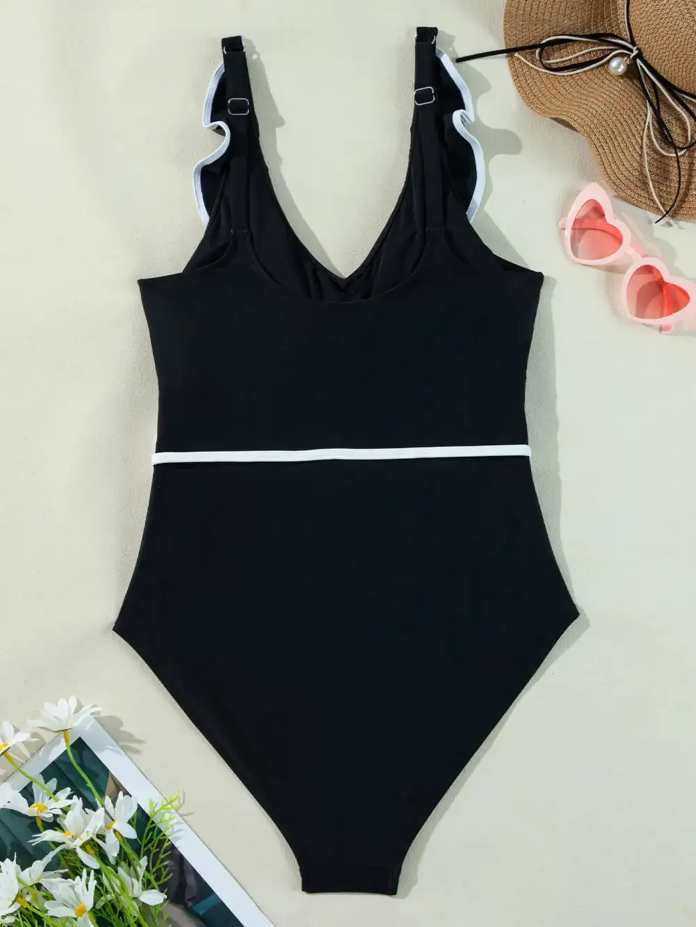 Ruffle Trim V Neck One Piece Swimsuit