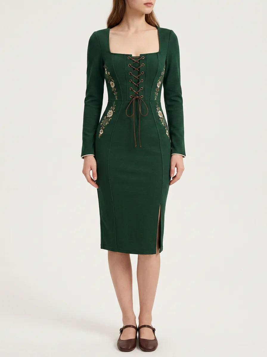 Women's Lace-Up Embroidered Heritage Bodycon Dress