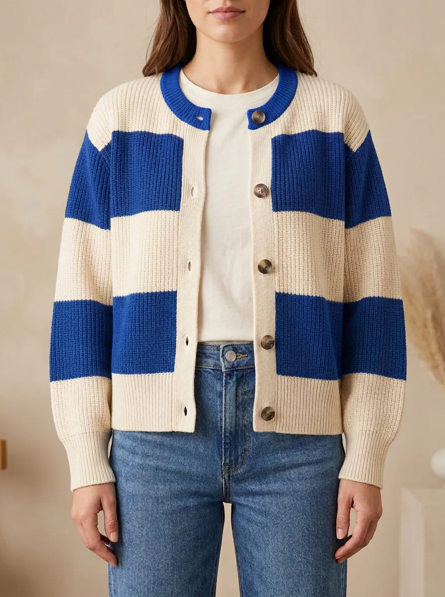 Retro Sport Distinctive Rugby Striped Knit Cardigan