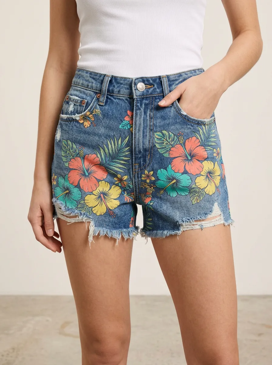 Women's Tropical Hibiscus Floral Five Pocket Printed Denim Shorts