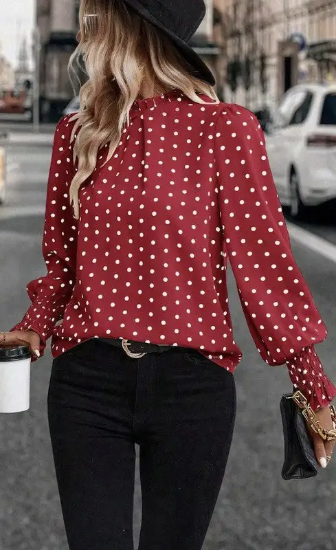 Polka Dot Lantern Sleeve Blouse
