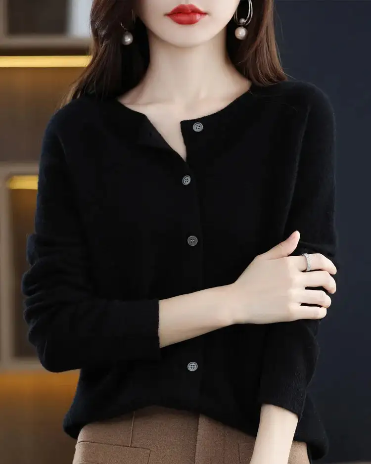 Refined Wool Button-Front Round-Neck Cardigan