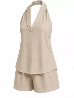 High-Waist Pocketed Linen Top and Shorts Matching Set