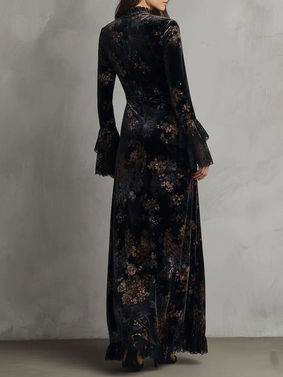 Midnight Floral Velvet Flowing Gown With Lace-Trim Bell Sleeves