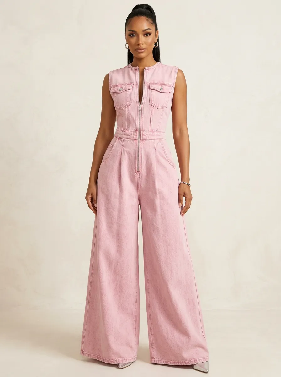 Pink Chic Sleeveless Zip-Front Denim Jumpsuit