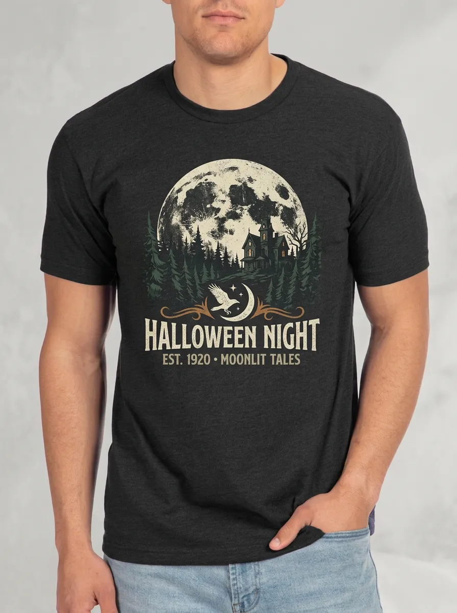 Men's Halloween Night Haunted House Raven Moon Printed T-shirt