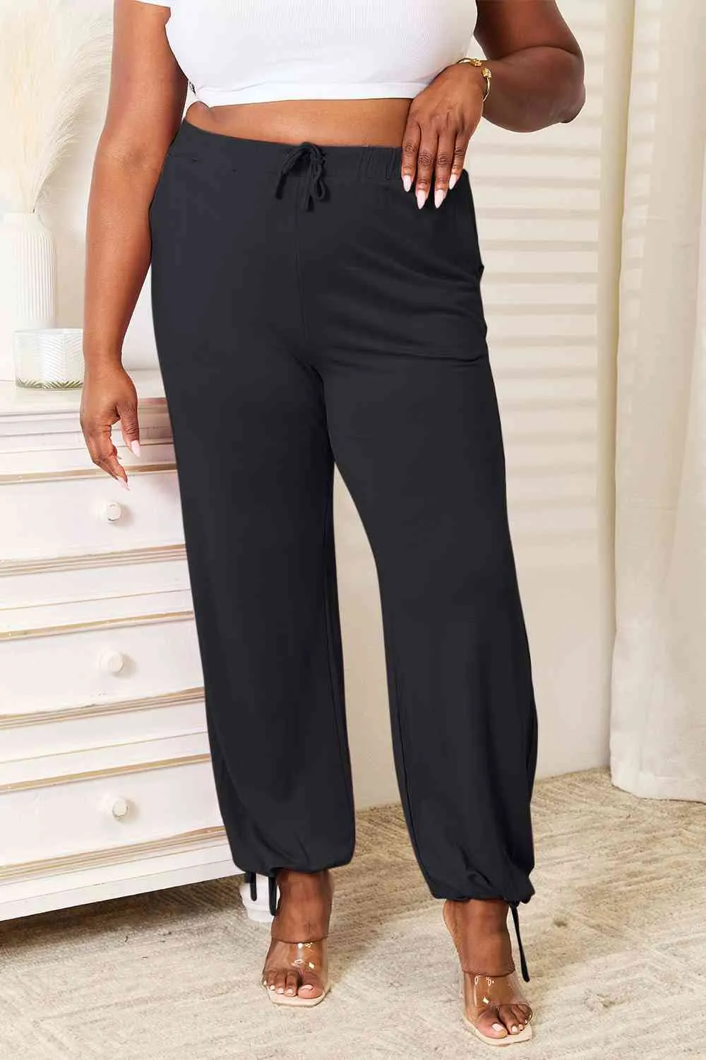 Full Size Soft Rayon Drawstring Waist Pants With Pocket