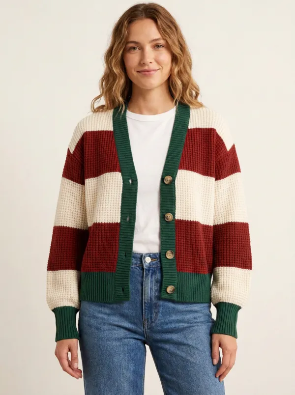Classic Rugby Striped Waffle Knit Cardigan