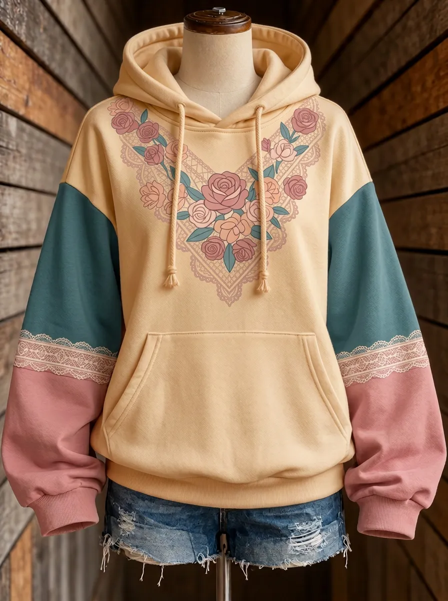 Women's Western Style Rose Lace Printed Hoodie