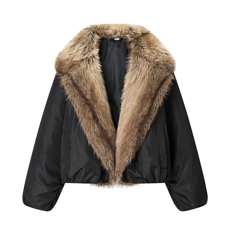 Cropped Faux Fur Shawl Collar Elastic Hem Bomber Jacket