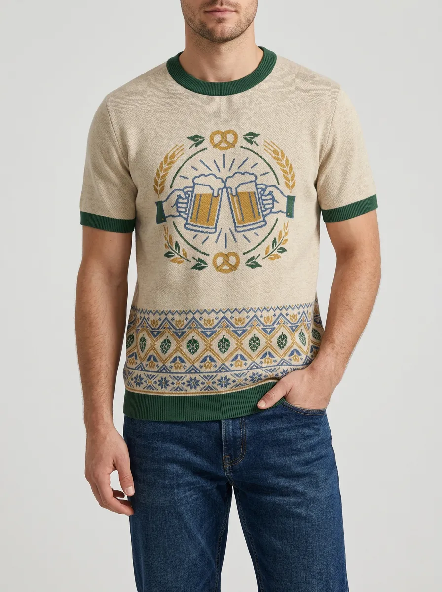 Men's Oktoberfest Beer Lover Pretzel Pattern Printed Knit T-shirt