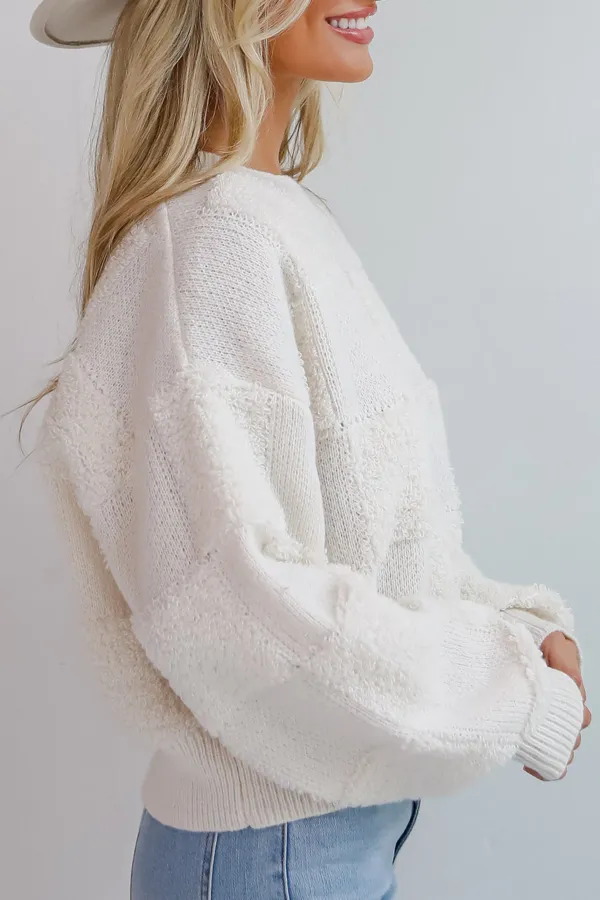 Cream Checkered Fuzzy Knit Sweater