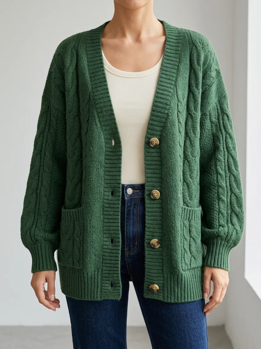Women's Casual Layered Cable Knit Button Front V Neck Cardigan