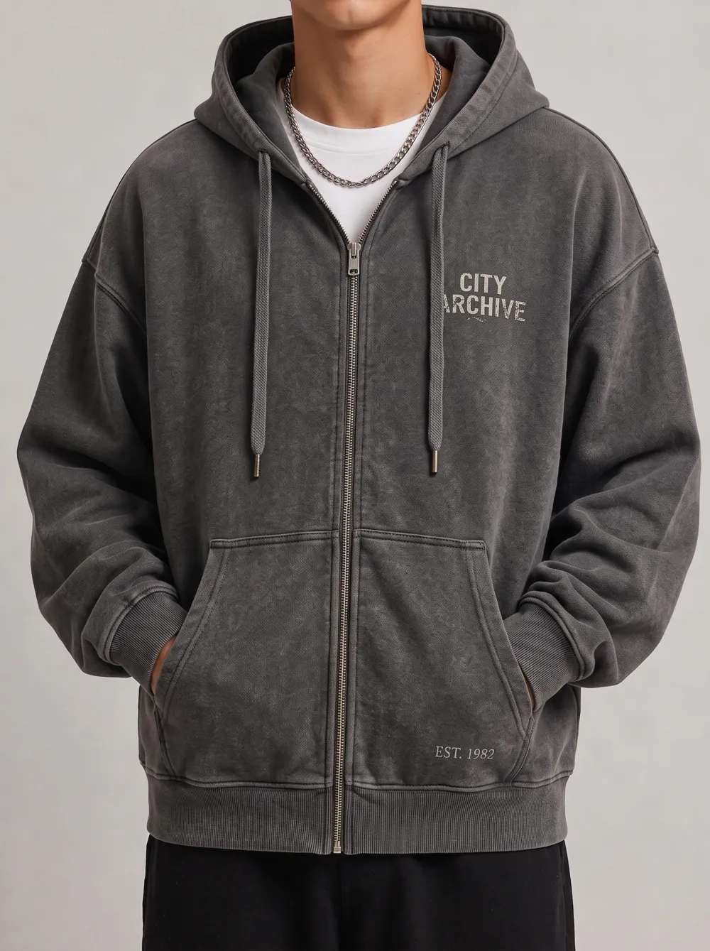 Men's City Archive Est 1982 Vintage Washed Printed Zip-up Hoodie