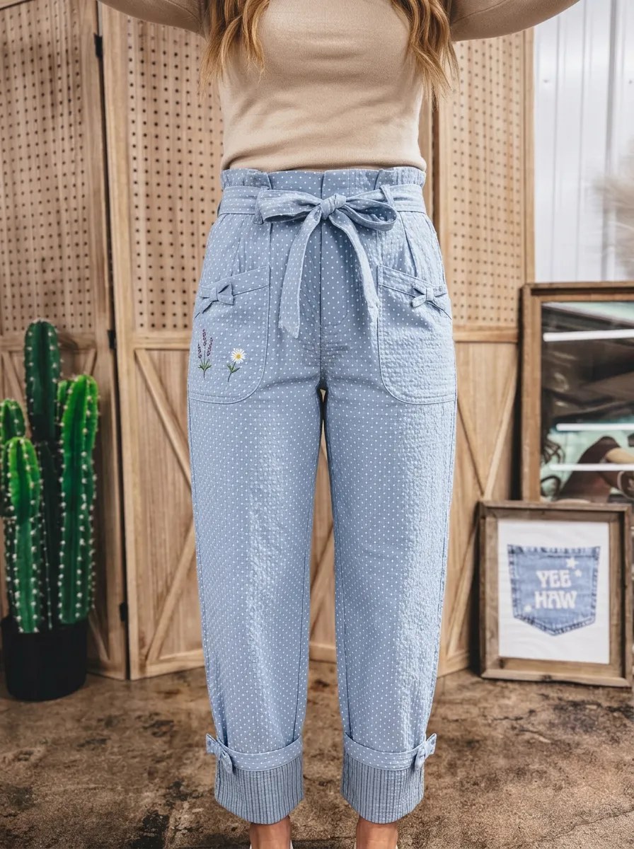 Women's Floral Daisy Lavender Polka Dot Printed Paperbag Pants