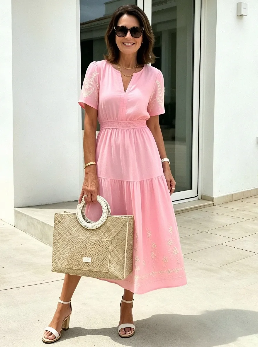 Women's Summer Vacation Floral Embroidered Printed Midi Dress