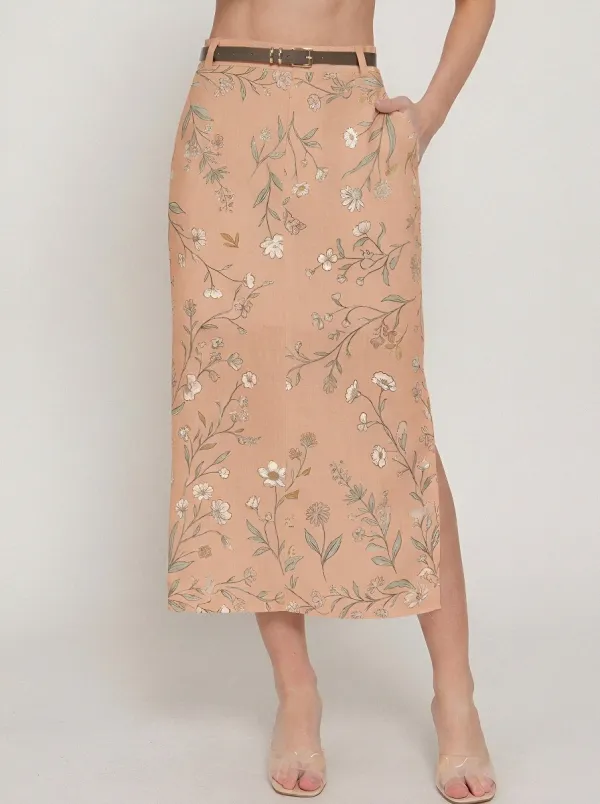 Women's Belted Boho Floral Botanical Printed Midi Skirt